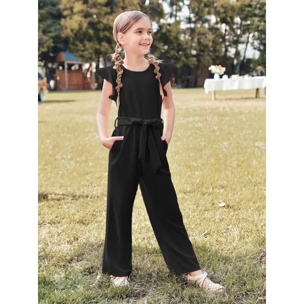 Haloumoning Girls Jumpsuit Kids Fashion Cap Sleeve Belted Wide Leg Romper One Piece Summer Outfits