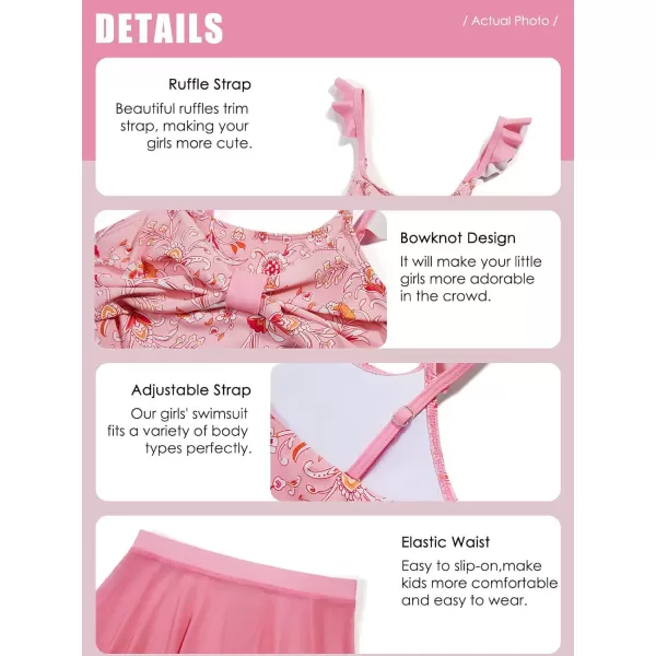 Haloumoning Girls One Piece Swimsuits Kids Bathing Suits Ruffle Bow Floral Beach Swimwear with Skirt 5-14 Years