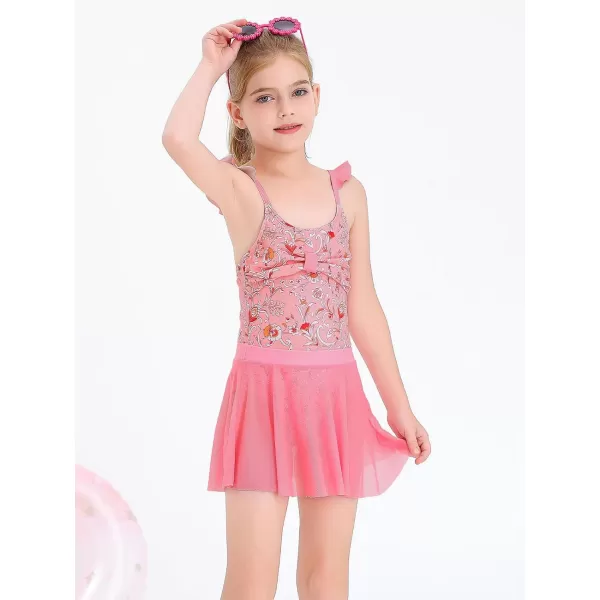 Haloumoning Girls One Piece Swimsuits Kids Bathing Suits Ruffle Bow Floral Beach Swimwear with Skirt 5-14 Years