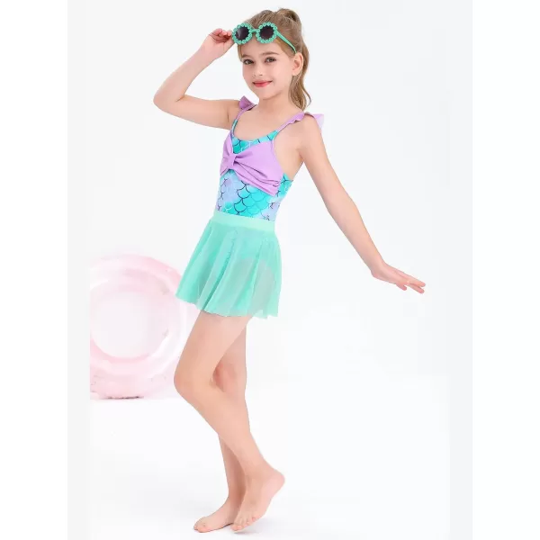 Haloumoning Girls One Piece Swimsuits Kids Bathing Suits Ruffle Bow Floral Beach Swimwear with Skirt 5-14 Years