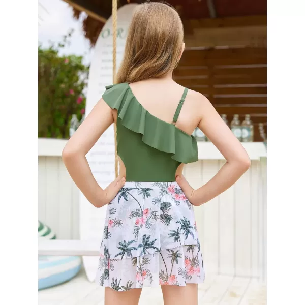 Haloumoning Girls One Piece Swimsuits with Mesh Skirt Ruffle One Shoulder Cut Out Bathing Suit Swimwear 5-14Y
