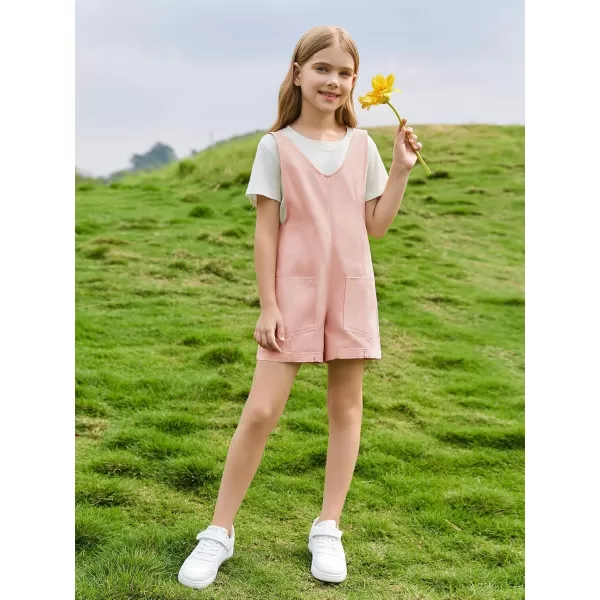Haloumoning Girls Overall Shorts Kids Summer Fashion Sleeveless Low Back Rompers with Big Pockets