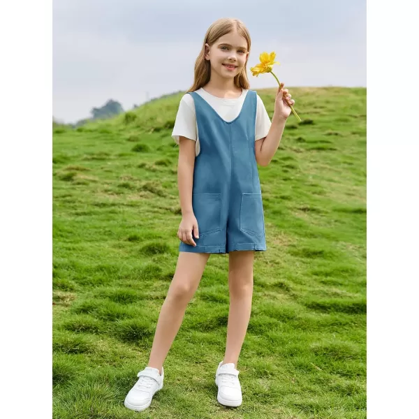 Haloumoning Girls Overall Shorts Kids Summer Fashion Sleeveless Low Back Rompers with Big Pockets