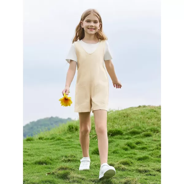 Haloumoning Girls Overall Shorts Kids Summer Fashion Sleeveless Low Back Rompers with Big Pockets
