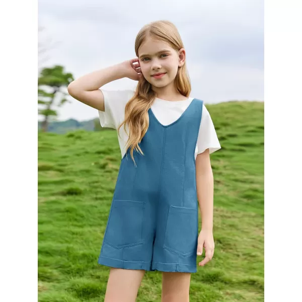 Haloumoning Girls Overall Shorts Kids Summer Fashion Sleeveless Low Back Rompers with Big Pockets