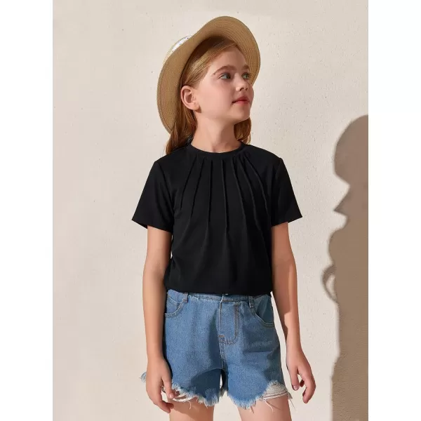 Haloumoning Girls Pleated T Shirts Kids Summer Short Sleeve Fashion Tops Tees 5-14 Years