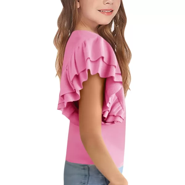 Haloumoning Girls' Ruffle Short Sleeve T Shirt Crewneck Knit Top Comfort Summer Tee