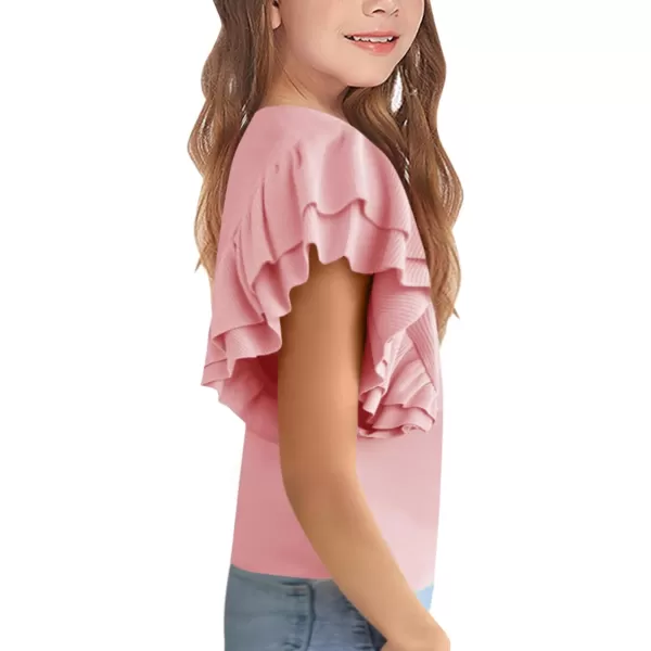 Haloumoning Girls' Ruffle Short Sleeve T Shirt Crewneck Knit Top Comfort Summer Tee