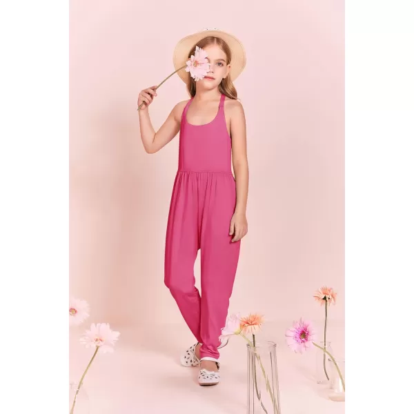 Haloumoning Girls Scoop Neck Sleeveless Jumpsuits Criss-Cross Back Long Pants Overalls With Pockets 5-14 Years