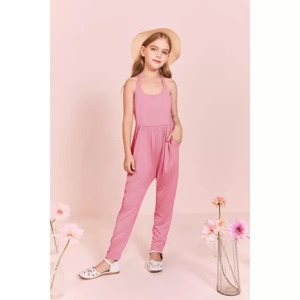 Haloumoning Girls Scoop Neck Sleeveless Jumpsuits Criss-Cross Back Long Pants Overalls With Pockets 5-14 Years