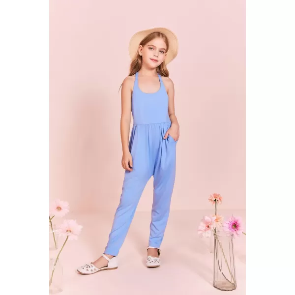 Haloumoning Girls Scoop Neck Sleeveless Jumpsuits Criss-Cross Back Long Pants Overalls With Pockets 5-14 Years