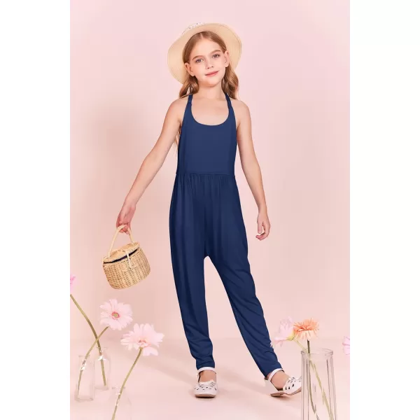 Haloumoning Girls Scoop Neck Sleeveless Jumpsuits Criss-Cross Back Long Pants Overalls With Pockets 5-14 Years