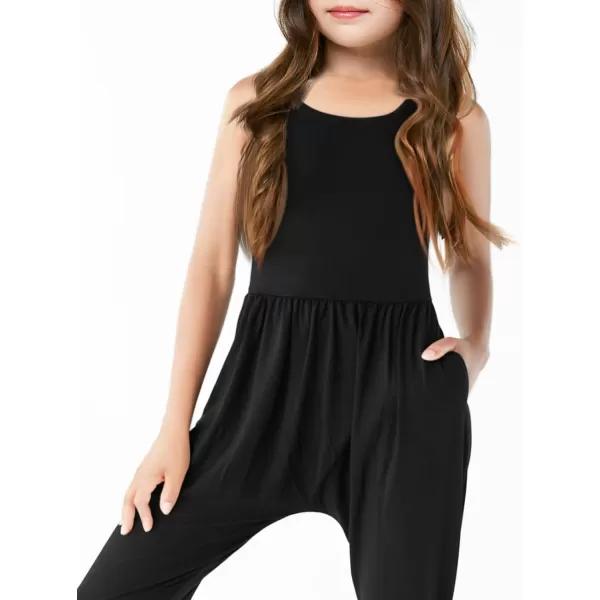 Haloumoning Girls Scoop Neck Sleeveless Jumpsuits Criss-Cross Back Long Pants Overalls With Pockets 5-14 Years