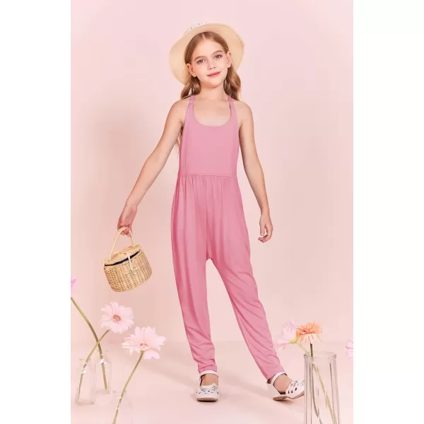 Haloumoning Girls Scoop Neck Sleeveless Jumpsuits Criss-Cross Back Long Pants Overalls With Pockets 5-14 Years