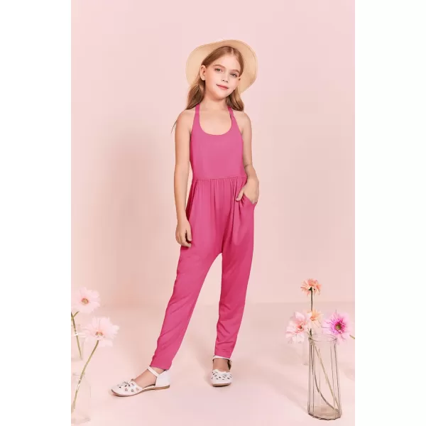 Haloumoning Girls Scoop Neck Sleeveless Jumpsuits Criss-Cross Back Long Pants Overalls With Pockets 5-14 Years