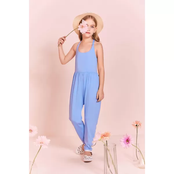 Haloumoning Girls Scoop Neck Sleeveless Jumpsuits Criss-Cross Back Long Pants Overalls With Pockets 5-14 Years
