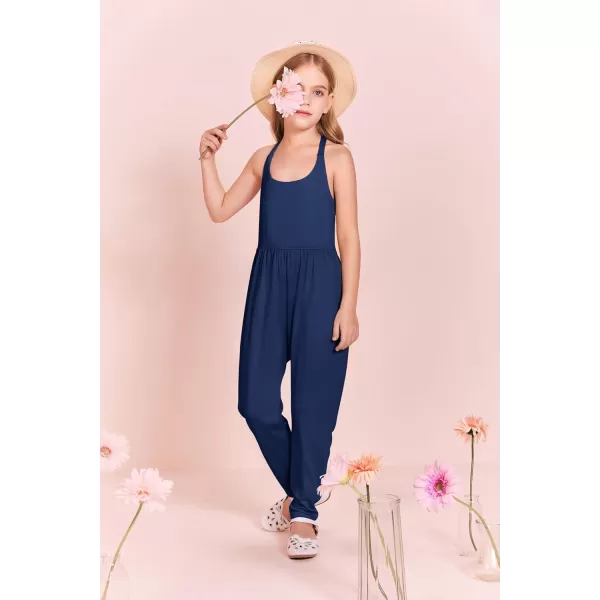 Haloumoning Girls Scoop Neck Sleeveless Jumpsuits Criss-Cross Back Long Pants Overalls With Pockets 5-14 Years