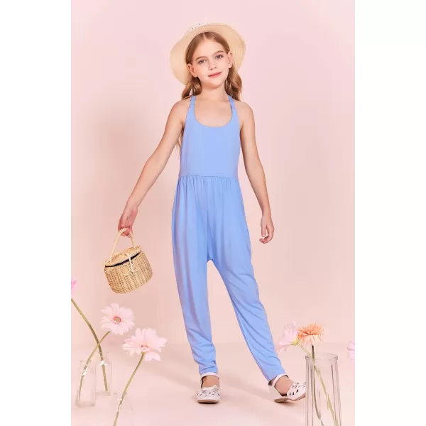 Haloumoning Girls Scoop Neck Sleeveless Jumpsuits Criss-Cross Back Long Pants Overalls With Pockets 5-14 Years