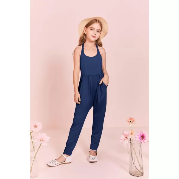 Haloumoning Girls Scoop Neck Sleeveless Jumpsuits Criss-Cross Back Long Pants Overalls With Pockets 5-14 Years