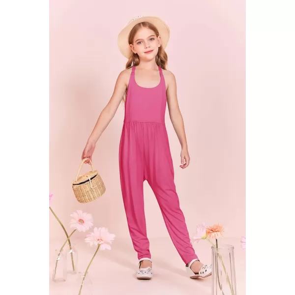 Haloumoning Girls Scoop Neck Sleeveless Jumpsuits Criss-Cross Back Long Pants Overalls With Pockets 5-14 Years