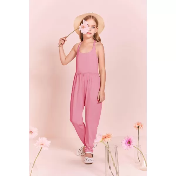 Haloumoning Girls Scoop Neck Sleeveless Jumpsuits Criss-Cross Back Long Pants Overalls With Pockets 5-14 Years