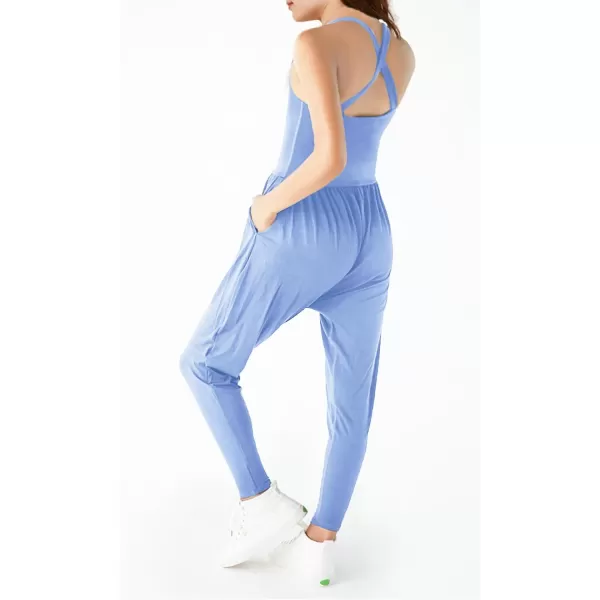 Haloumoning Girls Scoop Neck Sleeveless Jumpsuits Criss-Cross Back Long Pants Overalls With Pockets 5-14 Years
