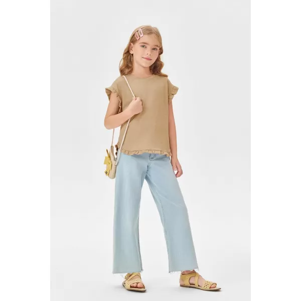 Haloumoning Girls Short Ruffle Sleeve T-shirts Cute Crewneck Shirts Casual Summer Blouses Tops 5-14 Years
