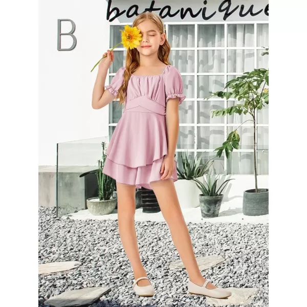 Haloumoning Girls Summer Rompers Puff Short Sleeve Square Neck Back Smocked Flowy Layered Cute Shorts Jumpsuit