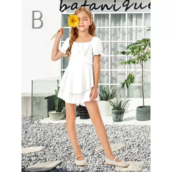 Haloumoning Girls Summer Rompers Puff Short Sleeve Square Neck Back Smocked Flowy Layered Cute Shorts Jumpsuit