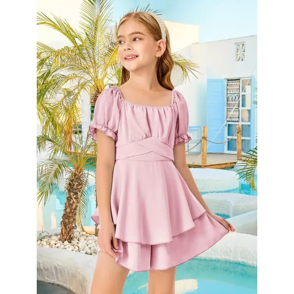 Haloumoning Girls Summer Rompers Puff Short Sleeve Square Neck Back Smocked Flowy Layered Cute Shorts Jumpsuit