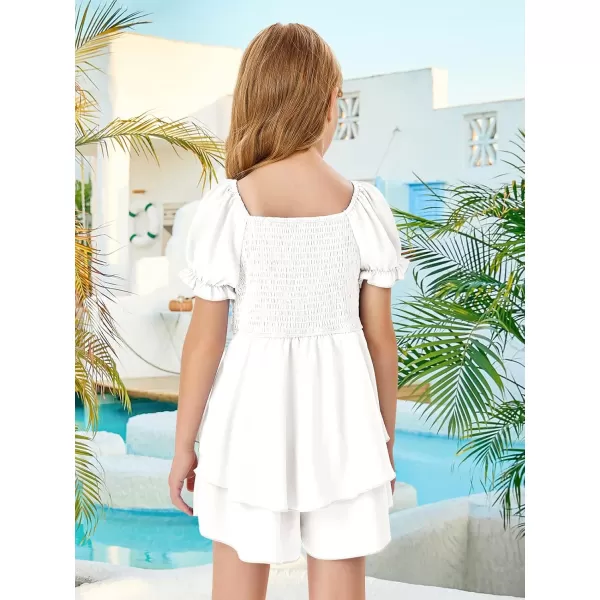 Haloumoning Girls Summer Rompers Puff Short Sleeve Square Neck Back Smocked Flowy Layered Cute Shorts Jumpsuit