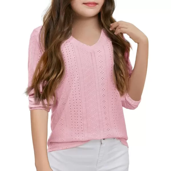 Girls Eyelet Long Sleeve Shirts Kids Casual V Neck Solid Blouse Tops 5-14 Years