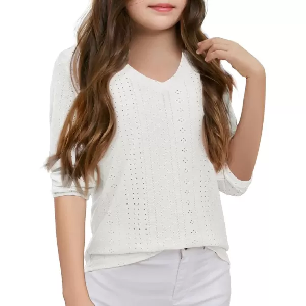 Girls Eyelet Long Sleeve Shirts Kids Casual V Neck Solid Blouse Tops 5-14 Years