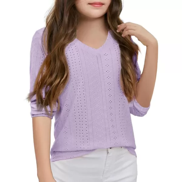 Girls Eyelet Long Sleeve Shirts Kids Casual V Neck Solid Blouse Tops 5-14 Years