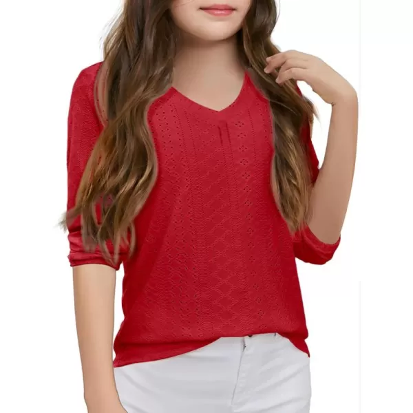 Girls Eyelet Long Sleeve Shirts Kids Casual V Neck Solid Blouse Tops 5-14 Years