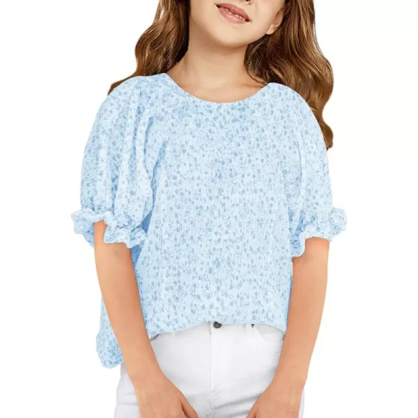 Girls Floral Puff Short Sleeve Shirts Summer Cute T Shirts Tops 5-14 years