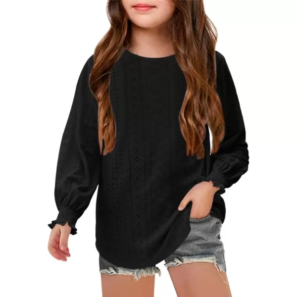Girls Long Sleeve Hollow Out Shirts Kids Cute Crewneck Ruffle Cuffs Blouse Tops 5-14 Years