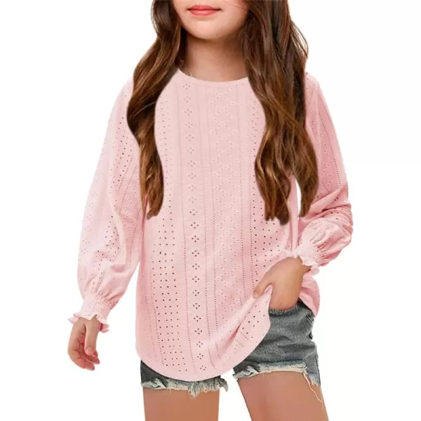 Girls Long Sleeve Hollow Out Shirts Kids Cute Crewneck Ruffle Cuffs Blouse Tops 5-14 Years