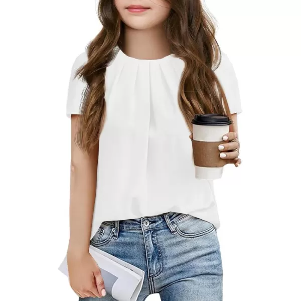 Girls Shirts Summer Short Sleeve Cute Tops Chiffon Pleated Blouses 5-14 Years