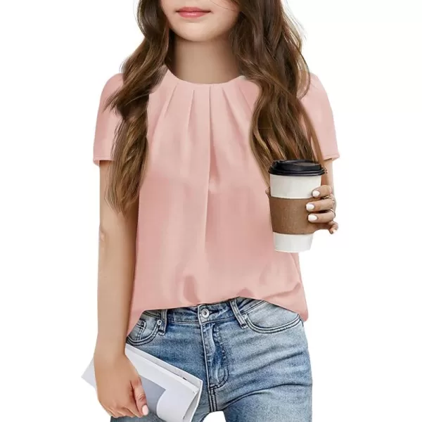 Girls Shirts Summer Short Sleeve Cute Tops Chiffon Pleated Blouses 5-14 Years