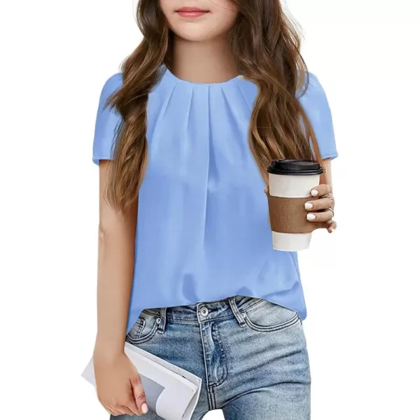 Girls Shirts Summer Short Sleeve Cute Tops Chiffon Pleated Blouses 5-14 Years