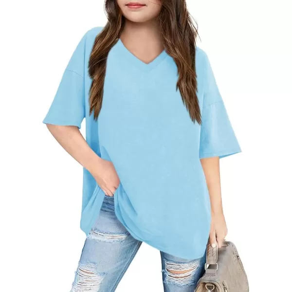 Girls Short Sleeve Oversized T Shirts Summer V Neck Casual Loose Tees Shirt Tops 3-14 Years