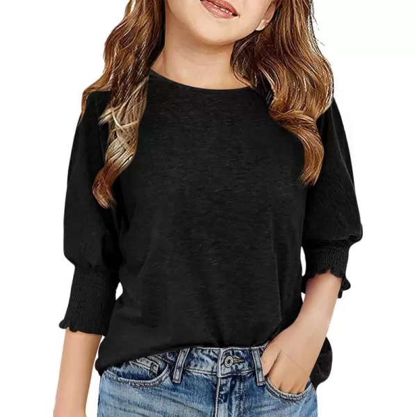 Haloumoning Girls' 3/4 Sleeve T Shirts Summer Cute Crewneck Basic Tees Ruffle Casual Blouse for 5-14Y