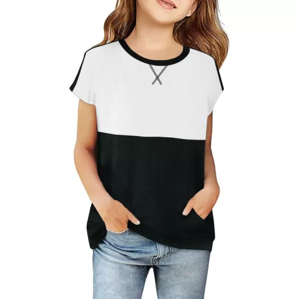 Haloumoning Girls Casual Short Sleeve T Shirts Color Block Tee Blouse Kids Loose Tunic Tops with Pockets Size 4-15