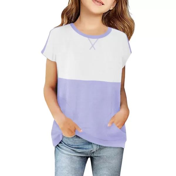 Haloumoning Girls Casual Short Sleeve T Shirts Color Block Tee Blouse Kids Loose Tunic Tops with Pockets Size 4-15