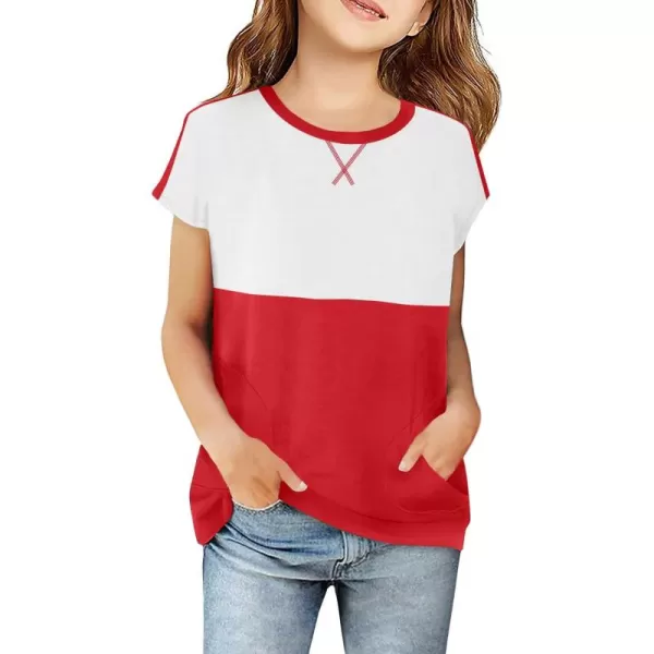 Haloumoning Girls Casual Short Sleeve T Shirts Color Block Tee Blouse Kids Loose Tunic Tops with Pockets Size 4-15