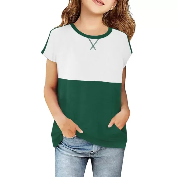 Haloumoning Girls Casual Short Sleeve T Shirts Color Block Tee Blouse Kids Loose Tunic Tops with Pockets Size 4-15