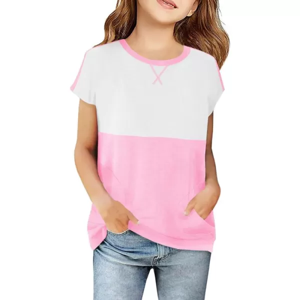 Haloumoning Girls Casual Short Sleeve T Shirts Color Block Tee Blouse Kids Loose Tunic Tops with Pockets Size 4-15