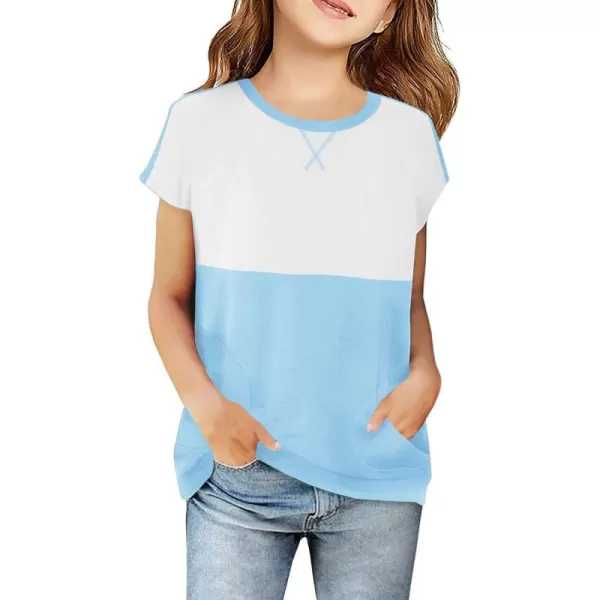 Haloumoning Girls Casual Short Sleeve T Shirts Color Block Tee Blouse Kids Loose Tunic Tops with Pockets Size 4-15