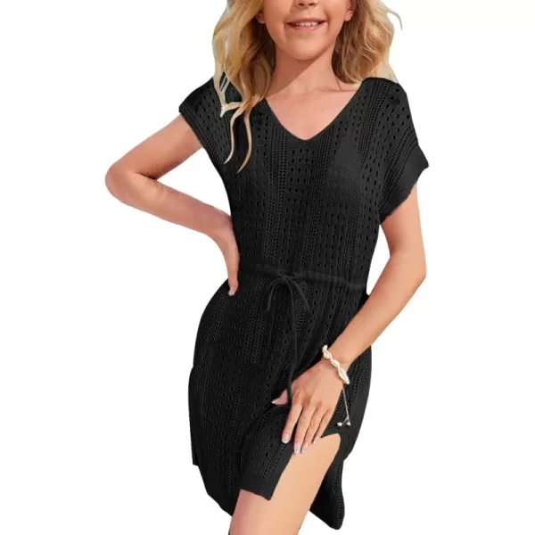 Haloumoning Girls Crochet Swim Beach Cover Up Short Sleeve Swimsuits Long Beach Dress 5-14 Years